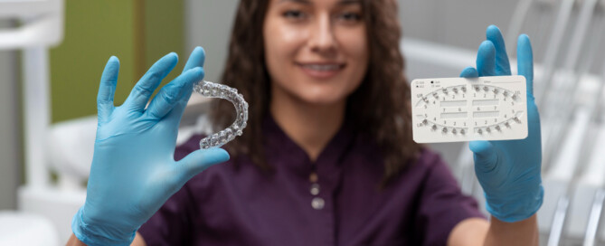 woman dentist holding invisalign